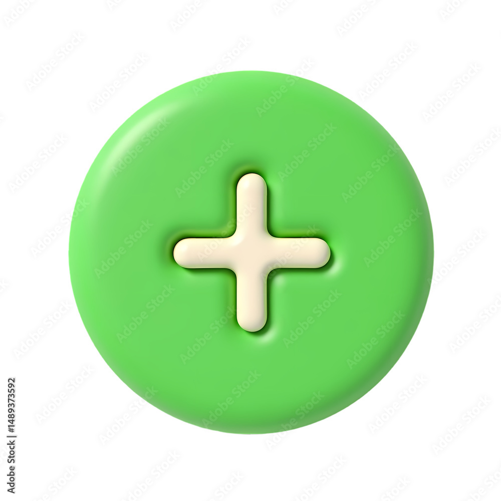 Obraz premium A green circular button with a cream plus symbol in the center rendering isolated on transparent background