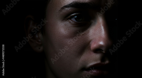 Woman's face half lit, dark background, for websites