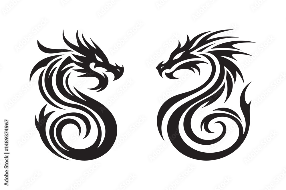 Naklejka premium Tribal Dragon Tattoo Silhouettes – Vector Mythical Creatures Design in Black Ink Style.