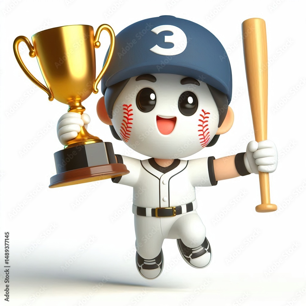 Naklejka premium Animated character 3D image of a baseball winner celebrating with a gold cup, cute design, white background