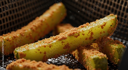 Close-up of spice-coated pickle spears with texture and detail. photo