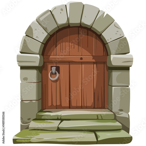 Stone castle archway with wooden door entrance