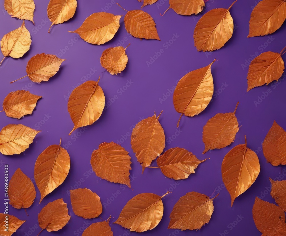 Obraz premium Dried orange metallic leaves, violet backdrop Geometric autumnal design , still life, orange, autumn