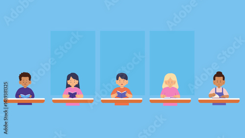 Vector illustration of diverse children reading the books in class. Welcome back to school. The new academic semester year start.