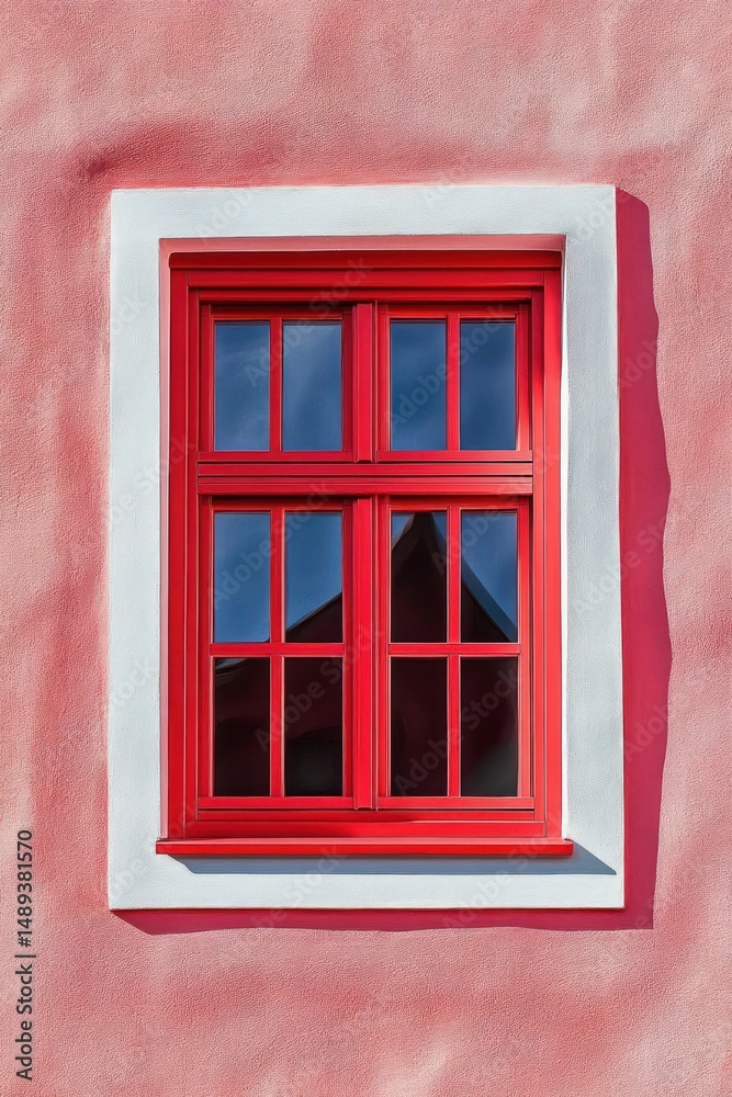 Obraz premium Bright red framed window with white trim set in pastel pink stucco wall reflecting a blue sky and roof silhouette, creating a vibrant and cheerful facade