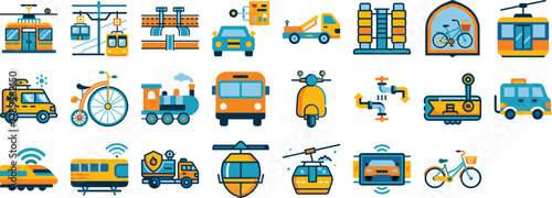Diverse transportation vehicles collection set icon featuring trains cars bicycles and infrastructure in a colorful flat design