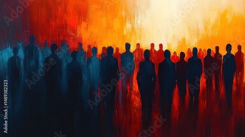Abstract silhouette crowd of people standing against a vivid background blending deep blue, red, orange and bright yellow tones creating a dramatic and intense atmosphere