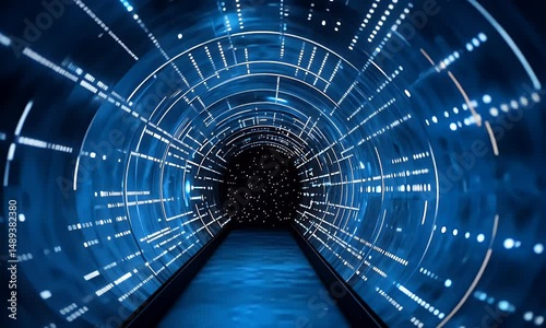 A futuristic tunnel with glowing blue lights and digital data flowing through it, leading to an open black hole in the center of space. The background is dark and starry