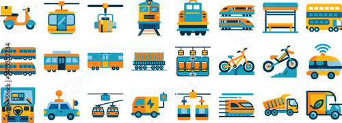 Transportation elements set icon featuring trains scooters buses bikes and gondolas for urban mobility