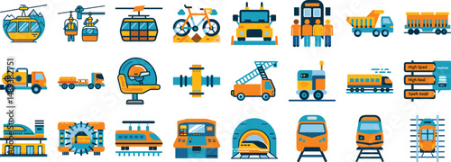 Transportation elements vector set icon presenting cable cars buses and various train types for creative projects