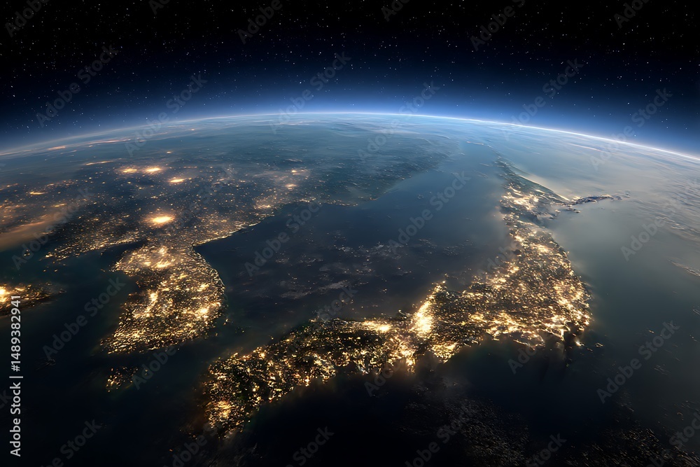 Fototapeta premium Illuminated Earth View Japan, North & South Korea from Orbit in Dark Starry Space