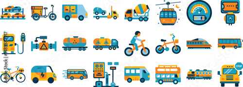 Transportation vehicle vector illustration set icon featuring cars trucks bicycles trains buses electric vehicles and other transport methods