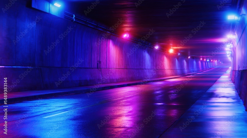 Vibrant neon-lit tunnel with reflective wet pavement, creating a surreal atmosphere Vibrant neon-lit tunnel with reflective wet pavement, creating a surreal atmosphere