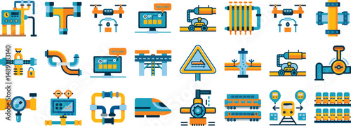 Vector illustration representing industrial processes and transportation systems set icon