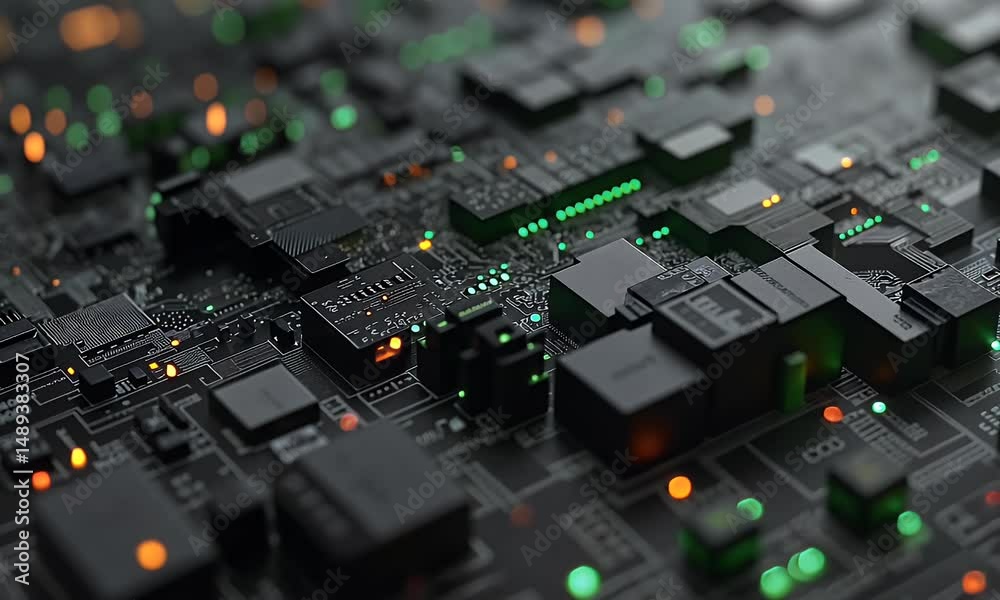 3D black circuit board with green and orange glowing components, an intricate design of small matte-black blocks arranged in an organized pattern on the surface, showcasing advanced technology, detail