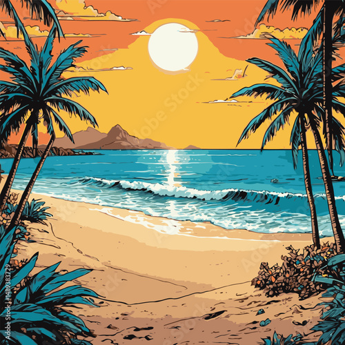 beach view vector comic style