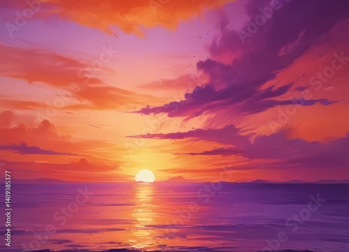 Fiery sunset abstract watercolor, rich orange and purple tones ,  creative,  dreamy