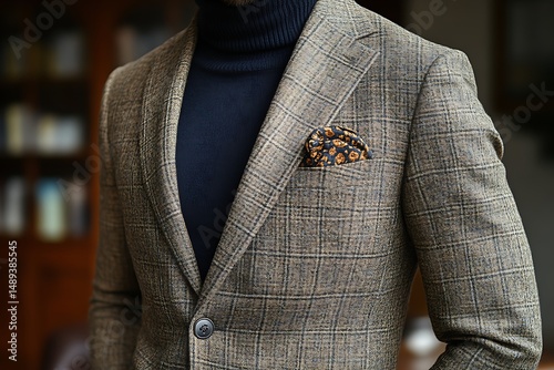 Man in brown plaid blazer with turtleneck and pocket square.