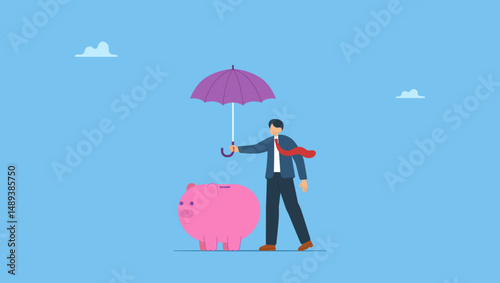 Vector illustration of character protects finances piggy banks by insurance against loss of money. Concept of financial insurance, business and finance.