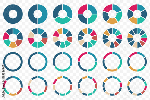 Pie chart set. Colorful diagram collection with 1 - 12 sections or steps. Circle icons for infographic, UI, web design, business presentation. Vector illustration on Transparent Background. EPS 10.