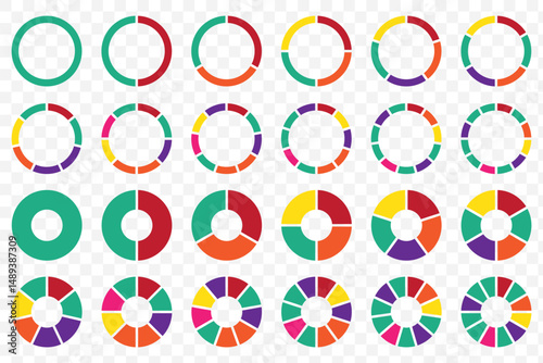 Pie chart set. Colorful diagram collection with 1 - 12 sections or steps. Circle icons for infographic, UI, web design, business presentation. Vector illustration on Transparent Background. EPS 10.