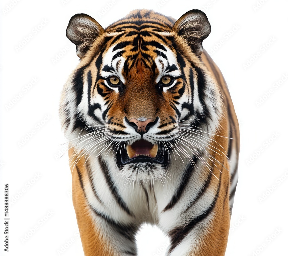 Obraz premium Close-up of a majestic adult tiger walking forward with intense gaze and slightly open mouth showing sharp teeth on white background