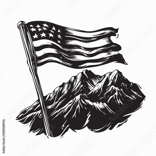 Proudly Waving A Montage of American Flag and Majestic Mountains Image vector.