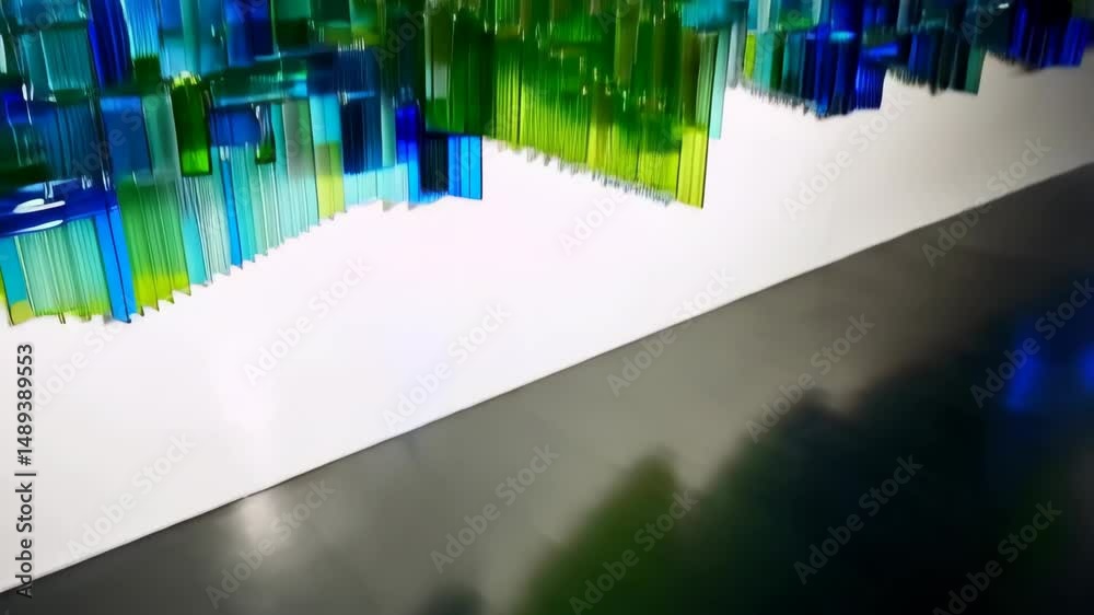 Abstract artistic glass sculpture composed of layered transparent rectangular prisms in shades of blue and green, wall art installation