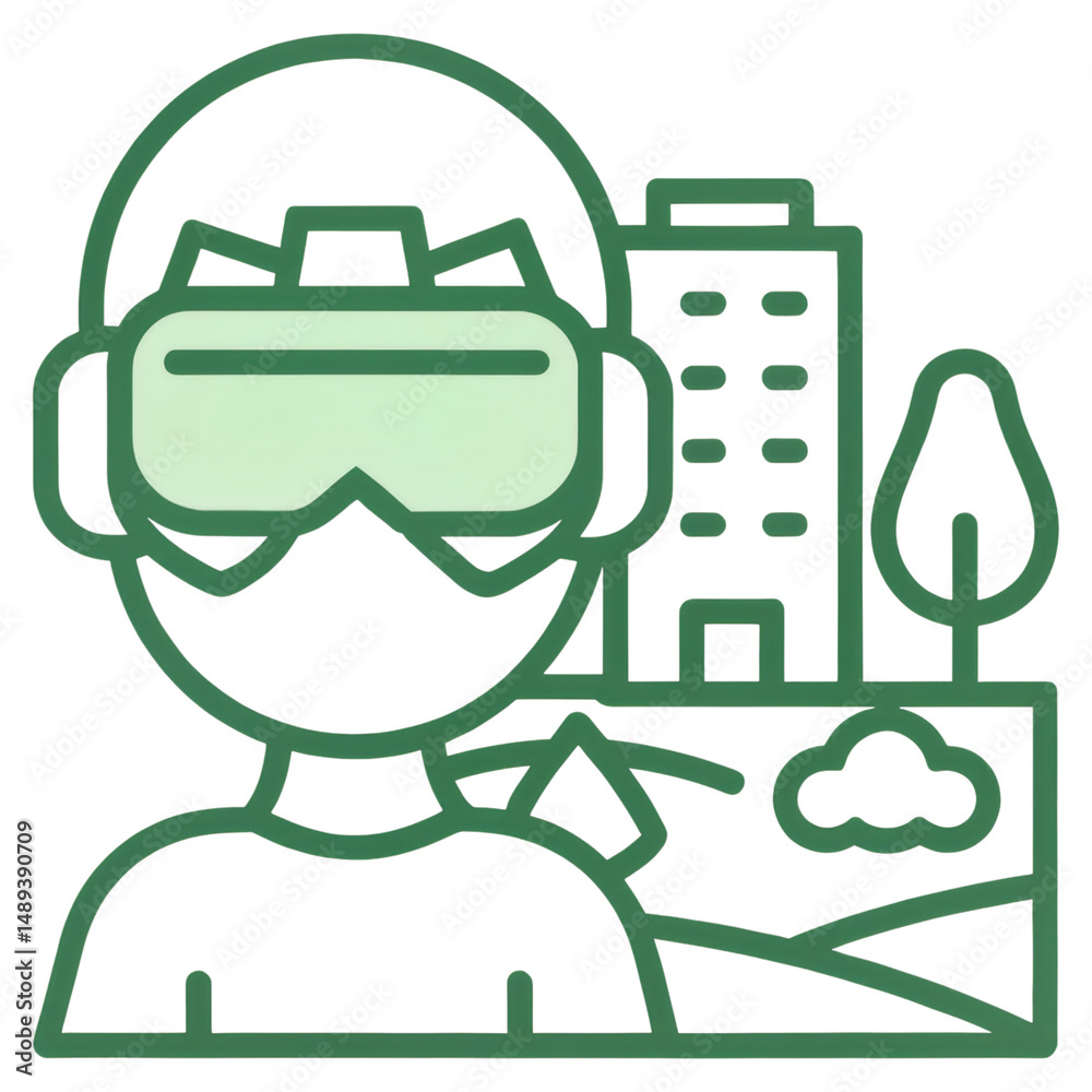 Obraz premium A person wearing virtual reality goggles exploring a digital landscape with buildings and nature elements.