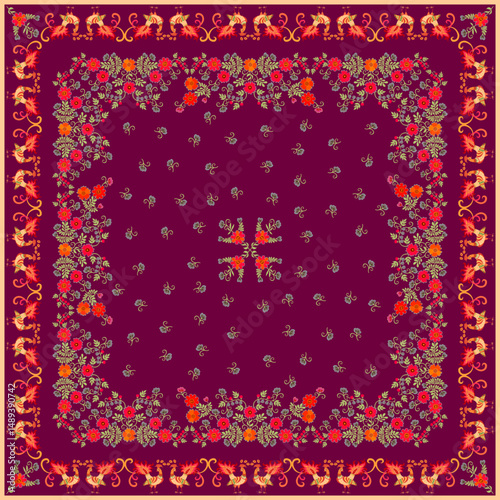 Folklore print for a scarf, tablecloth or carpet. Vintage pattern. Fairytale flowers and berries and fairy birds on a burgundy background. Decorative frame.