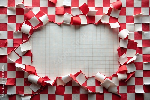 Torn red and white checkered paper with graph paper underneath background