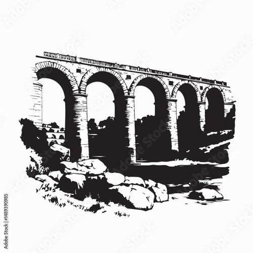Pont du Gard, an ancient Roman aqueduct bridge that crosses the Gardon River  Image Vector