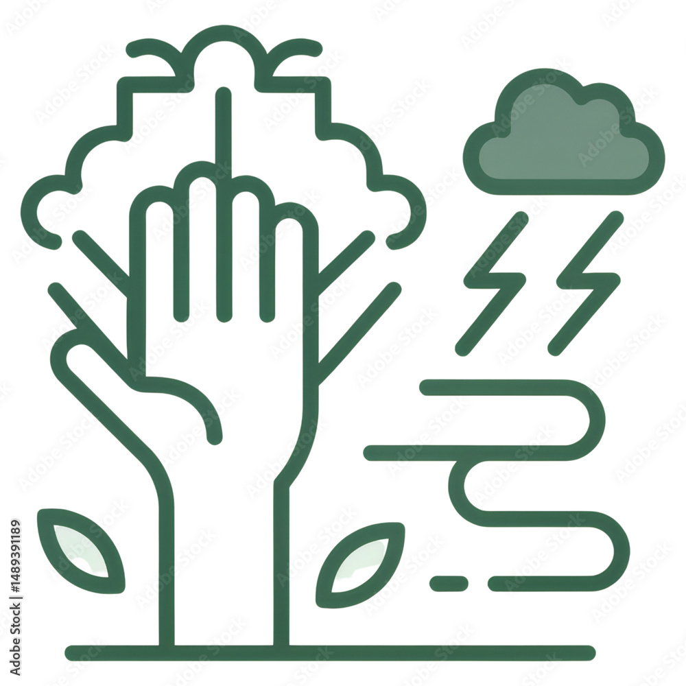 Obraz premium A stylized illustration of a hand integrated with a tree, accompanied by a cloud, lightning, and leaves.