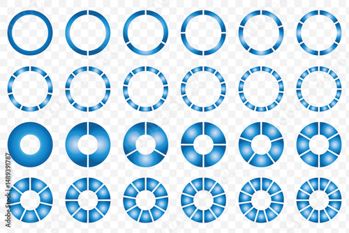Circle division infographic icon. Pie chart divided six, seven and eight equal parts. 6,7,8 sectors icon. Color infographic flower round diagram. Vector illustration isolated on Transparent background