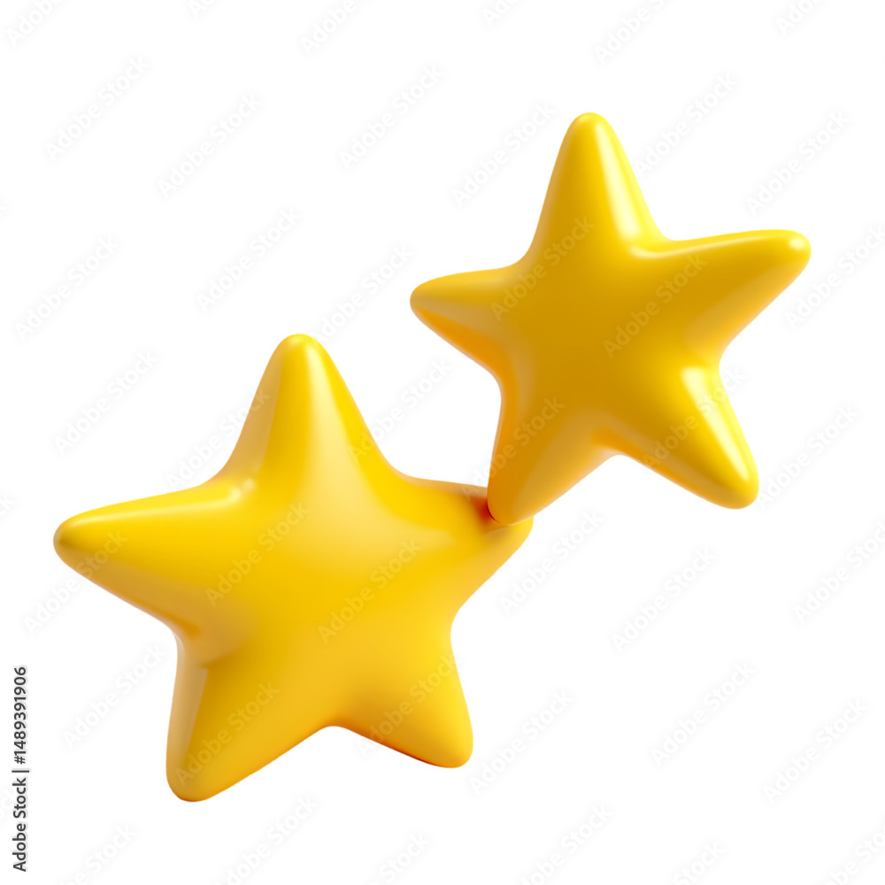 Two glossy yellow stars overlapping each other on a plain in a simple still life scene isolated on transparent background Two glossy yellow stars overlapping each other on a plain in a simple still life scene isolated on transparent background