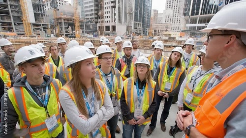 Construction Site Tour: A construction foreman gives a safety briefing to a group of young construction apprentices on a modern city construction site.