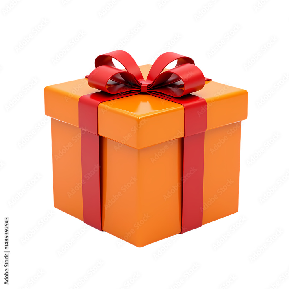 Obraz premium An orange gift box with a red ribbon and bow in a studio shot isolated on transparent background