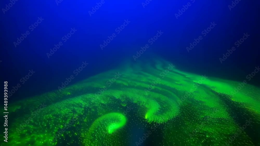 Abstract shot of mesmerizing green bioluminescent algae swirling in a dark blue underwater environment, depicting fluid dynamics and natural phenomena.