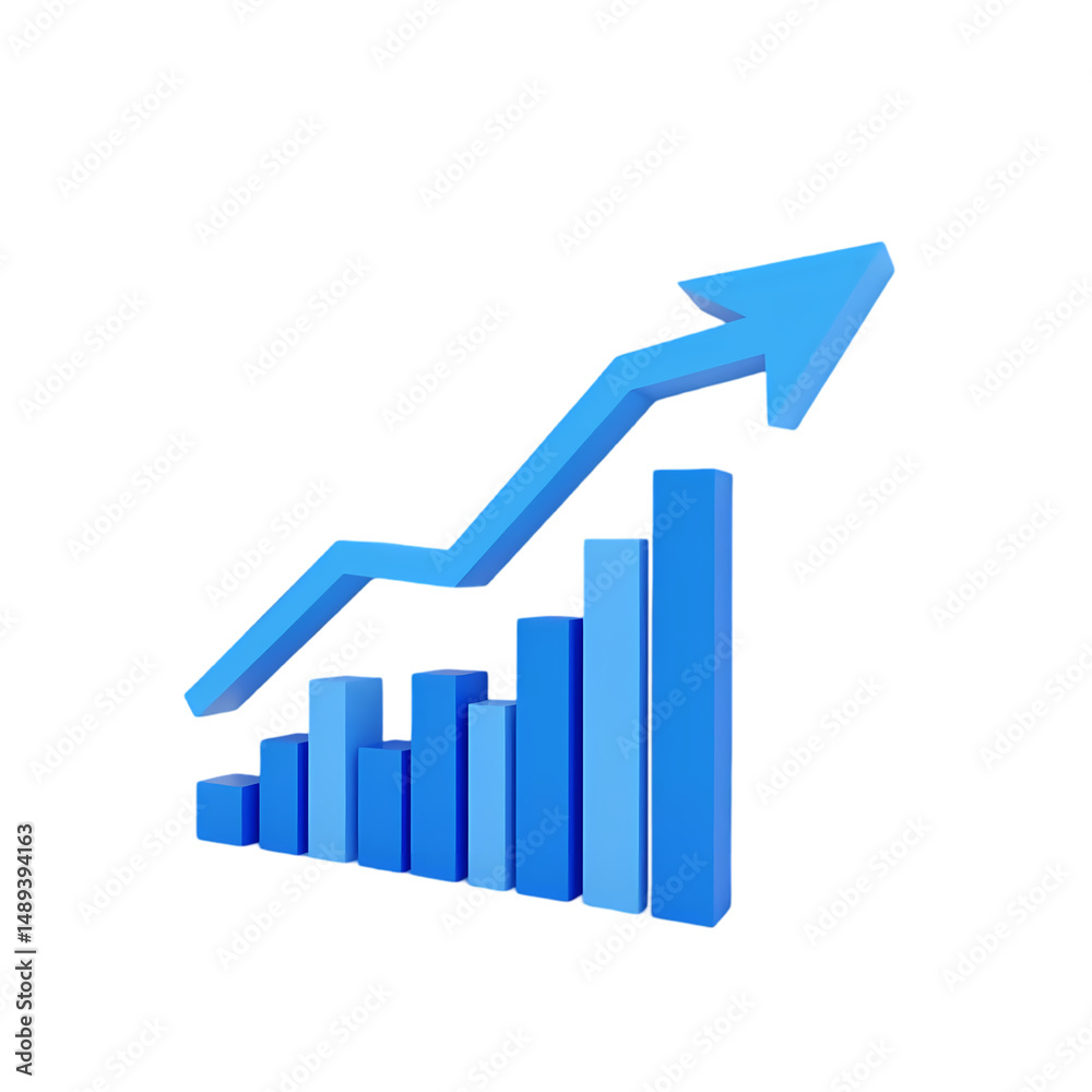 A blue bar graph with an arrow pointing upwards in a three d render isolated on transparent background A blue bar graph with an arrow pointing upwards in a three d render isolated on transparent background