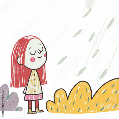 A joyful girl enjoying a rainy day while standing in a playful landscape with vibrant colors, representing happiness and the beauty of nature.