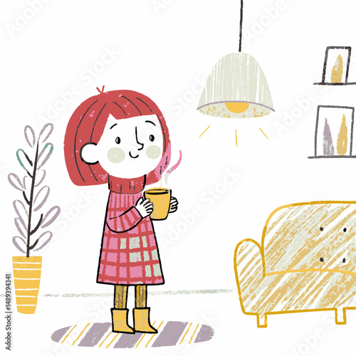 Cheerful girl enjoying a warm drink in a cozy living room with plants and soft lighting, representing comfort and relaxation at home.