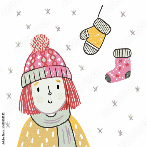 Cheerful girl wearing a cozy hat and scarf enjoying winter while surrounded by mittens and socks, representing warmth and joy in snowy season.
