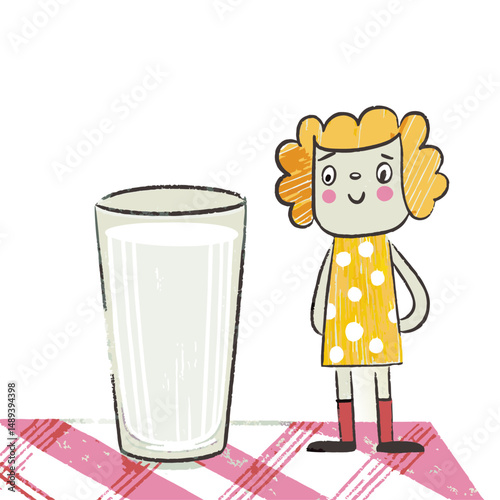 Cheerful girl with curly orange hair admiring a tall glass of milk on a red checkered tablecloth in a bright and playful illustration representing childhood joy.