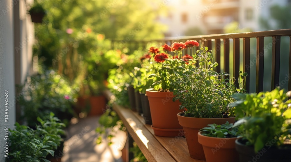 Fototapeta premium Serene Balcony Garden with Colorful Flowers and Vibrant Green Plants in Soft Evening Light