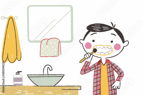 Happy boy brushing teeth in the bathroom with colorful decor, promoting dental hygiene and self-care routines.
