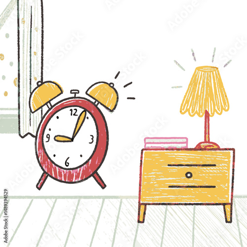 Vintage alarm clock ringing joyfully in a cozy bedroom setting with a soft lamp, suggesting warmth and nostalgia in personal space.