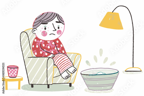 A child sitting sadly in a chair with a basin nearby, a lamp shining light, representing the feeling of boredom or sadness in a cozy home environment.