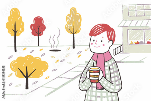 A cheerful man enjoying a warm drink in a vibrant autumn park with colorful trees and a cozy cafe, representing comfort and the joy of the season.