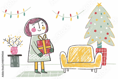 Cheerful girl holding a gift in a cozy living room decorated for Christmas, featuring a colorful tree and warm furnishings, representing joy and holiday spirit.