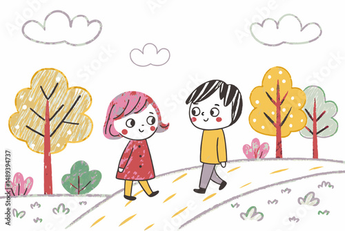 Two Children Walking Cheerfully on a Sunny Path Surrounded by Colorful Trees and Clouds in a Whimsical Illustration Representing Friendship and Joy.
